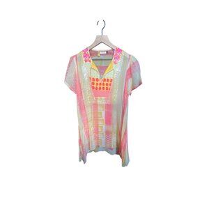 Anthropologie Niki Tlanapan Womens Multicolor Short-Sleeve Silk Blend Blouse Wit